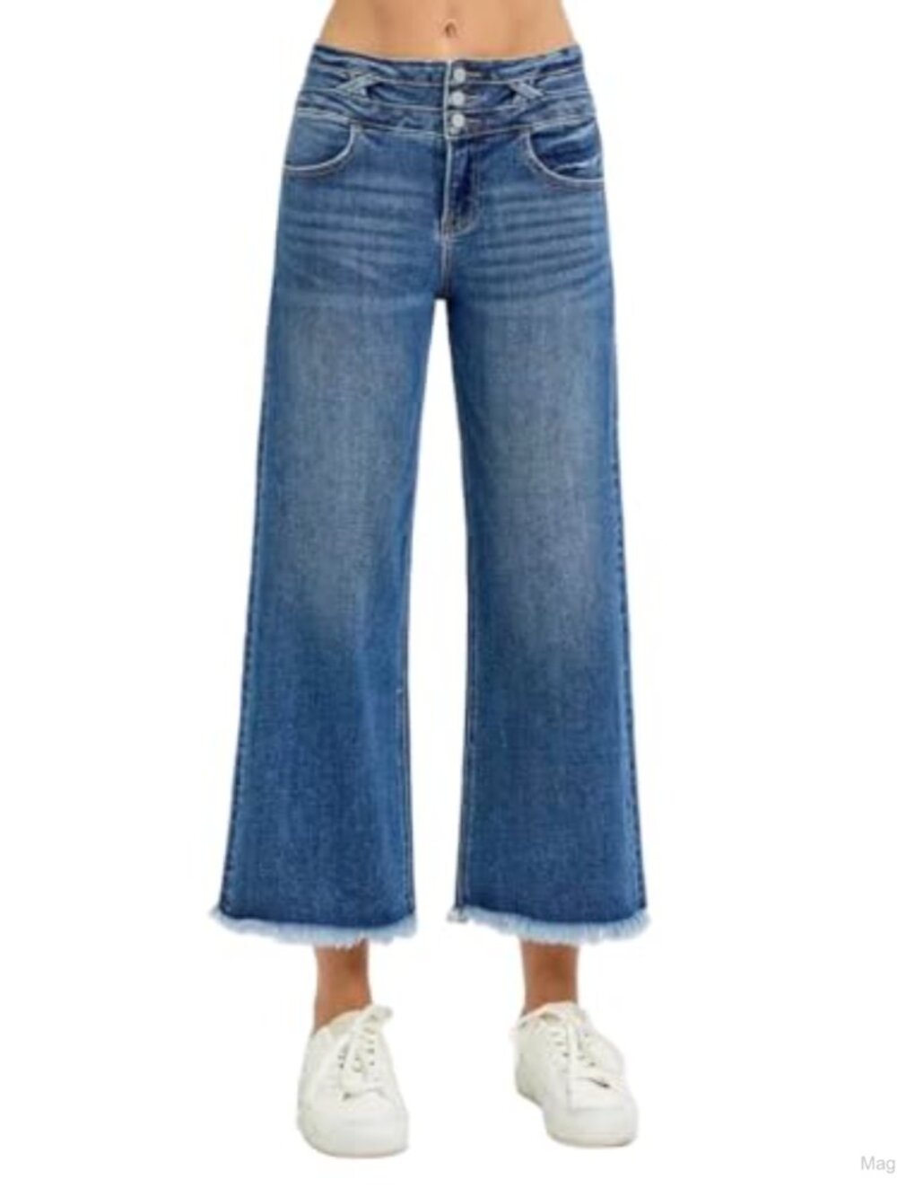 High Rise Cropped Wide Leg Jeans with Detailed Waistband